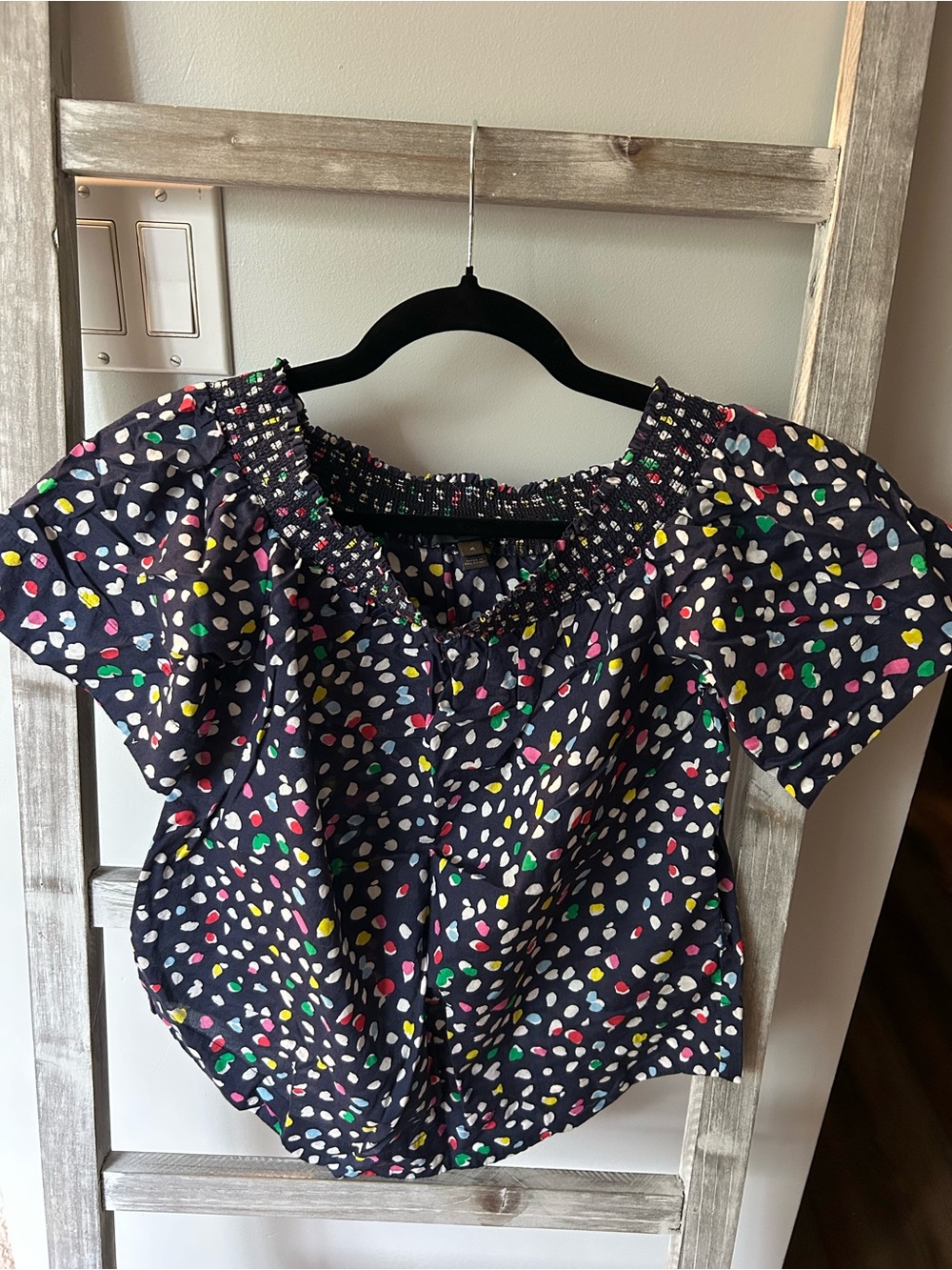 J. Crew Navy Off-Shoulder Top with Multicolor Dot Print